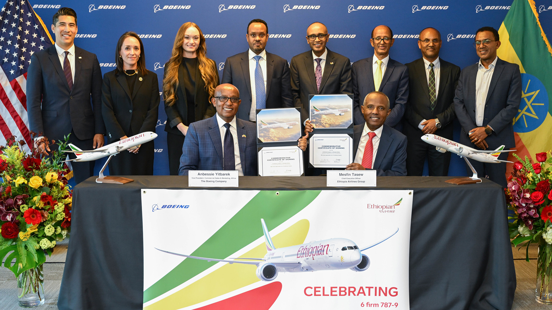 Anbessie Yitbarek, Vice President Commercial Sales and Marketing for Africa at Boeing and Mesfin Tasew, CEO of Ethiopia Airlines Group at the official signing of the converted options of six Boeing 787 Dreamliner airplanes to firm orders.