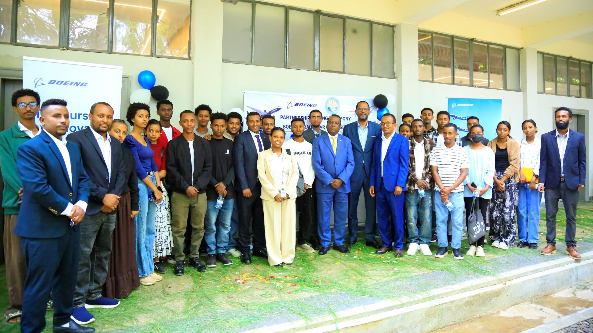 Boeing and Bahir Dar University leaders, faculty and students gather for a group photo at Bahir Dar University, July 8, 2026. Photo courtesy of Bahir Dar University.