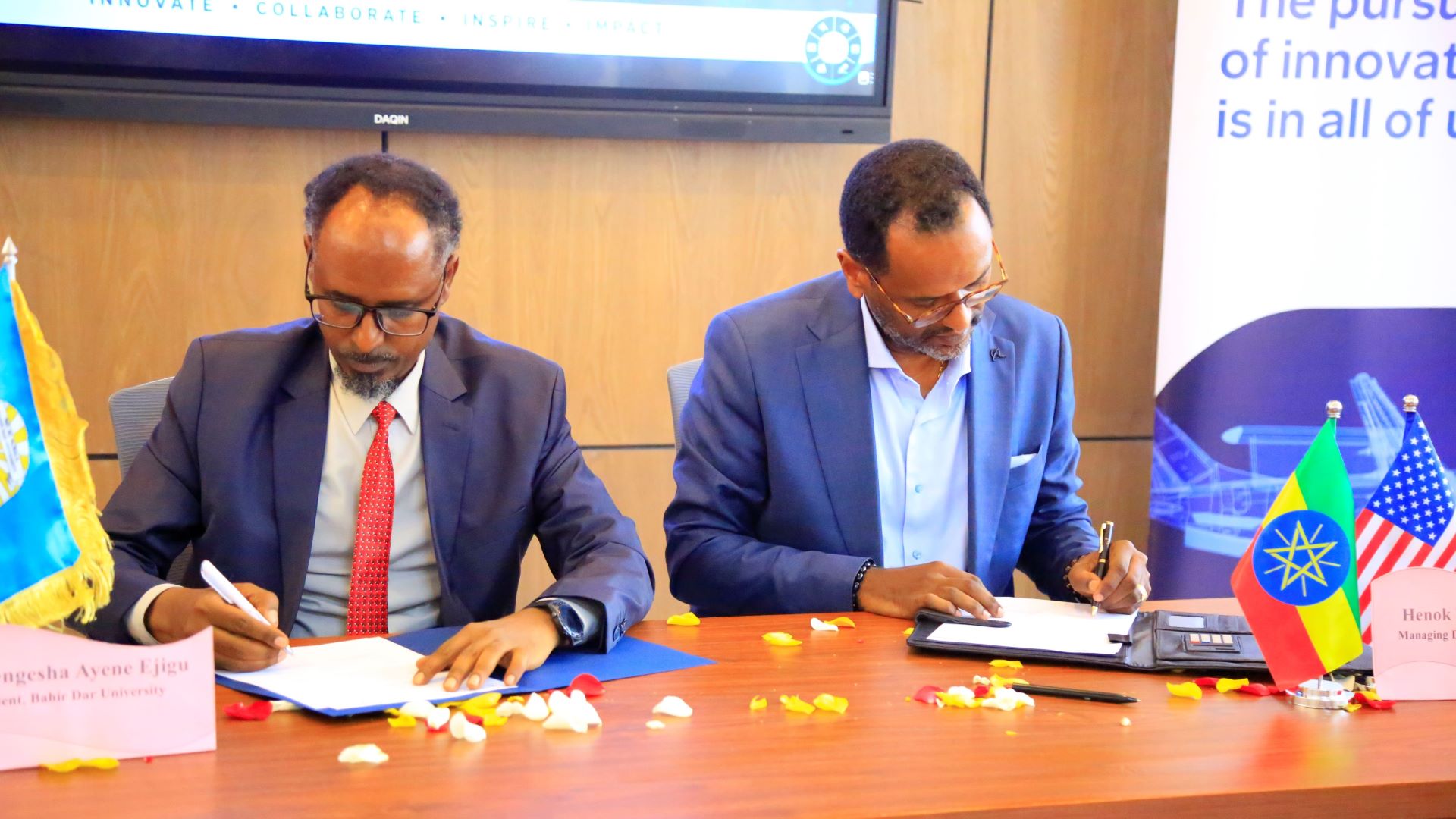 From left to right: Dr. Mengesha Ayene Ejigu, president of Bahir Dar University, and Henok Teferra Shawl, Boeing managing director for Africa, sign a memorandum of understanding at Bahir Dar University, July 8, 2026. Photo courtesy of Bahir Dar University.