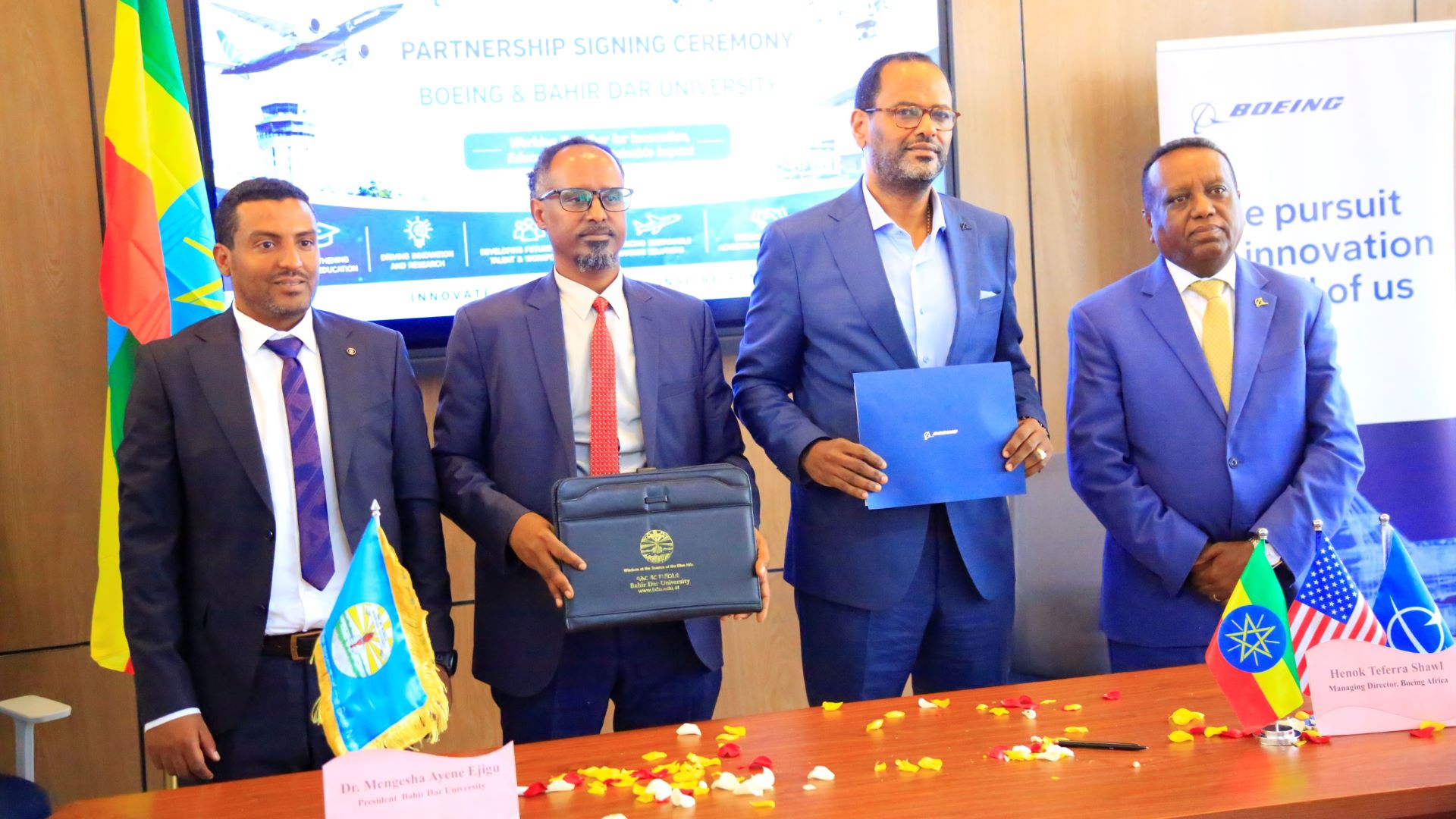 Boeing and Bahir Dar University leadership at the signing ceremony at Bahir Dar University, July 8, 2026. Photo courtesy of Bahir Dar University.