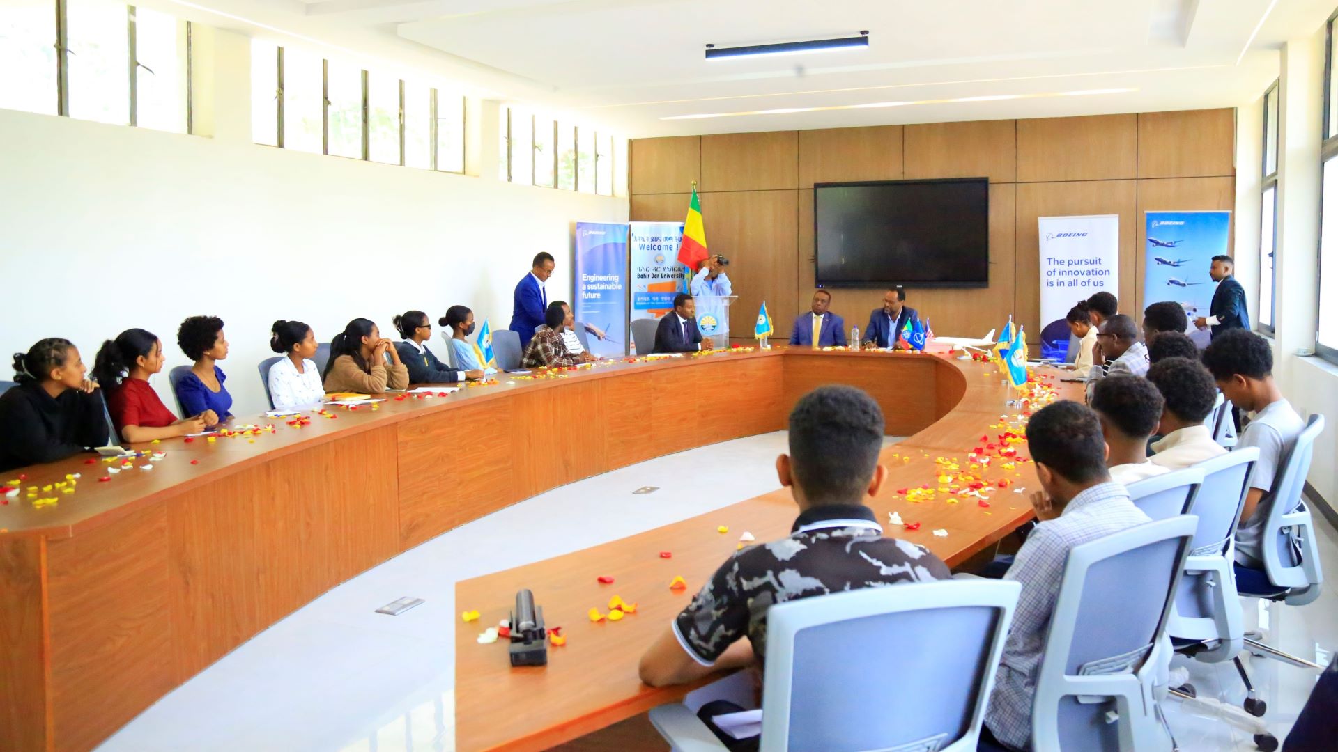 Henok Teferra Shawl, Boeing managing director for Africa, and Zemene Nega, Boeing program director in Ethiopia, lead a career talk with Bahir Dar University aerospace engineering students, July 8, 2026. Photo courtesy of Bahir Dar University.