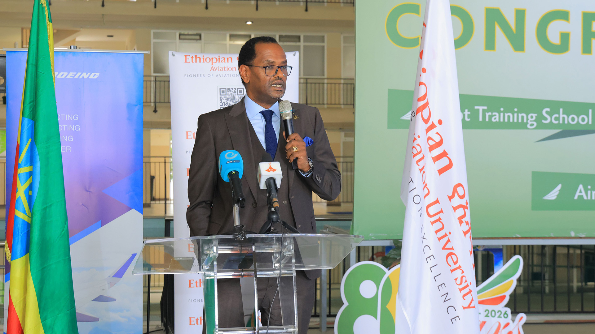 Henok Teferra Shawl, Boeing managing director for Africa, addresses the students at the STEM School graduation event in Addis Ababa, August 21, 2026.